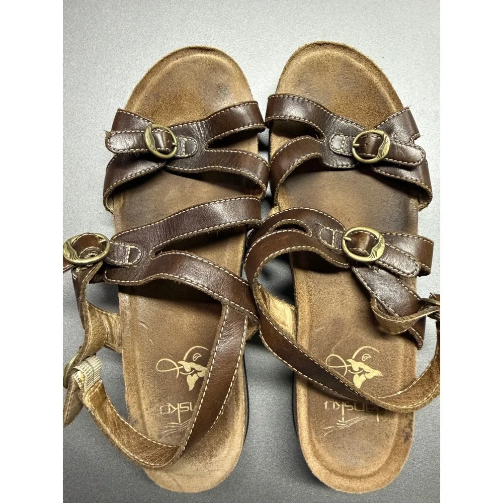 Dansko Brown Leather Strappy‎ Comfort Sandals Buckle Ankle Strap Womens